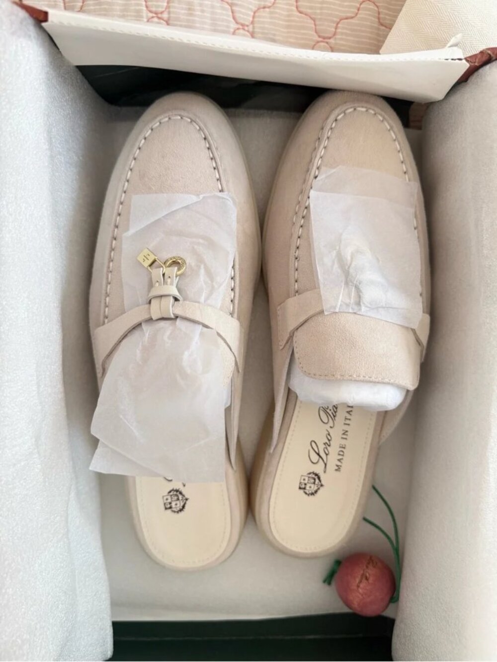 Loro Piana Beige Slip On Mule Loafers Gold Charm Backless Flat Slides